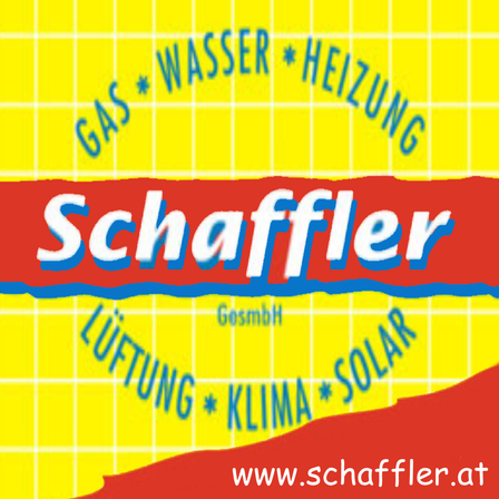 Werbung für die Firma Schaffler, die Dienstleistungen für Gas, Wasser, Heizung, Lüftung, Klima und Solar anbietet. Website ist www.schaffler.at.