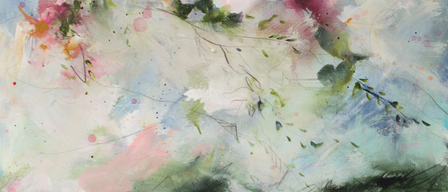 Ein abstraktes Gemälde mit einer Mischung aus leuchtenden Farben wie Pink, Blau, Grün und Gelb. Es zeigt eine Kombination aus Blumen- und Blattmotiven, mit einem Fokus auf flüssigen und dynamischen Pinselstrichen.