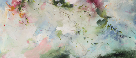 Ein abstraktes Gemälde mit lebhaften Farben und organischen Formen. Es zeigt eine Mischung aus rosa, grün, blau und weißen Farbtönen. Das Bild hat eine fließende, fast florale Qualität, mit Pinselstrichen, die Bewegung und Natur suggerieren.