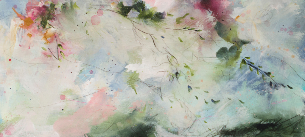 Ein abstraktes Gemälde mit lebhaften Farben und organischen Formen. Es zeigt eine Mischung aus rosa, grün, blau und weißen Farbtönen. Das Bild hat eine fließende, fast florale Qualität, mit Pinselstrichen, die Bewegung und Natur suggerieren.