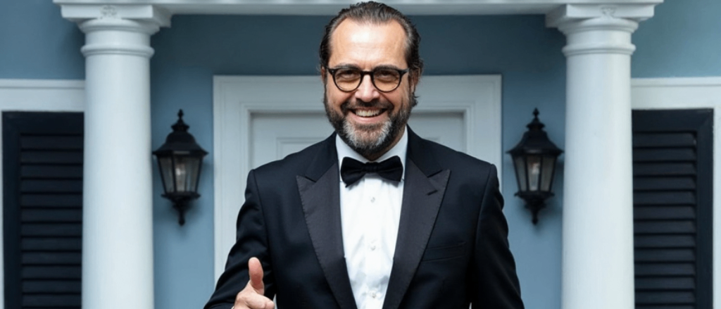 Ein Mann in formaler Kleidung steht vor einem Haus, gibt einen Daumen hoch und hält einen Trolley mit einer Flasche Champagner.