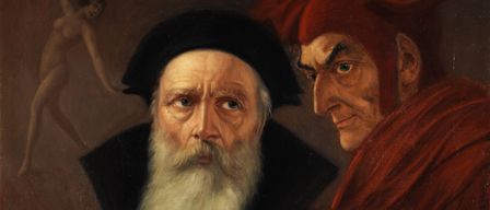 Ein alter Mann mit langem weißem Bart und schwarzem Gewand hält eine Schriftrolle. Neben ihm steht ein anderer Mann in rotem Gewand und Hut, der ihn ansieht.