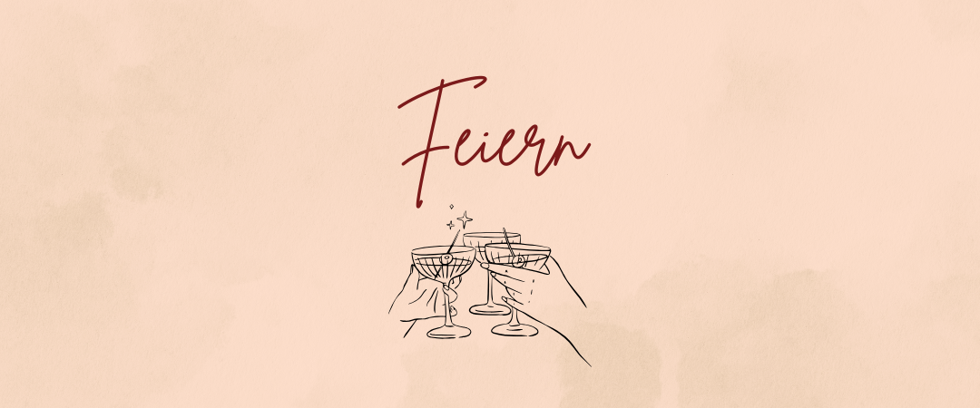 Eine Illustration zeigt drei Hände, die Martini-Gläser zum Anstoßen halten, mit dem Wort 'Feiern' darüber.