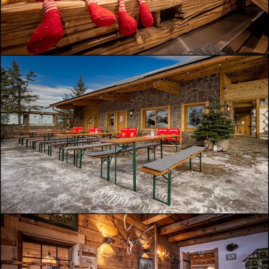 Drei rote Socken auf einem Holzstamm, ein Restaurant mit Weihnachtsbaum und ein holzverkleidetes Interieur mit Hirschgeweihen.