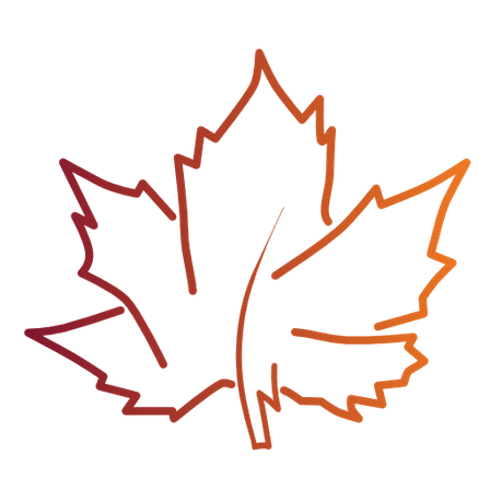 Ein stilisiertes rotes Ahornblatt vor schwarzem Hintergrund. Das Blatt ist in einem Farbverlauf von Rot zu Orange umrandet.