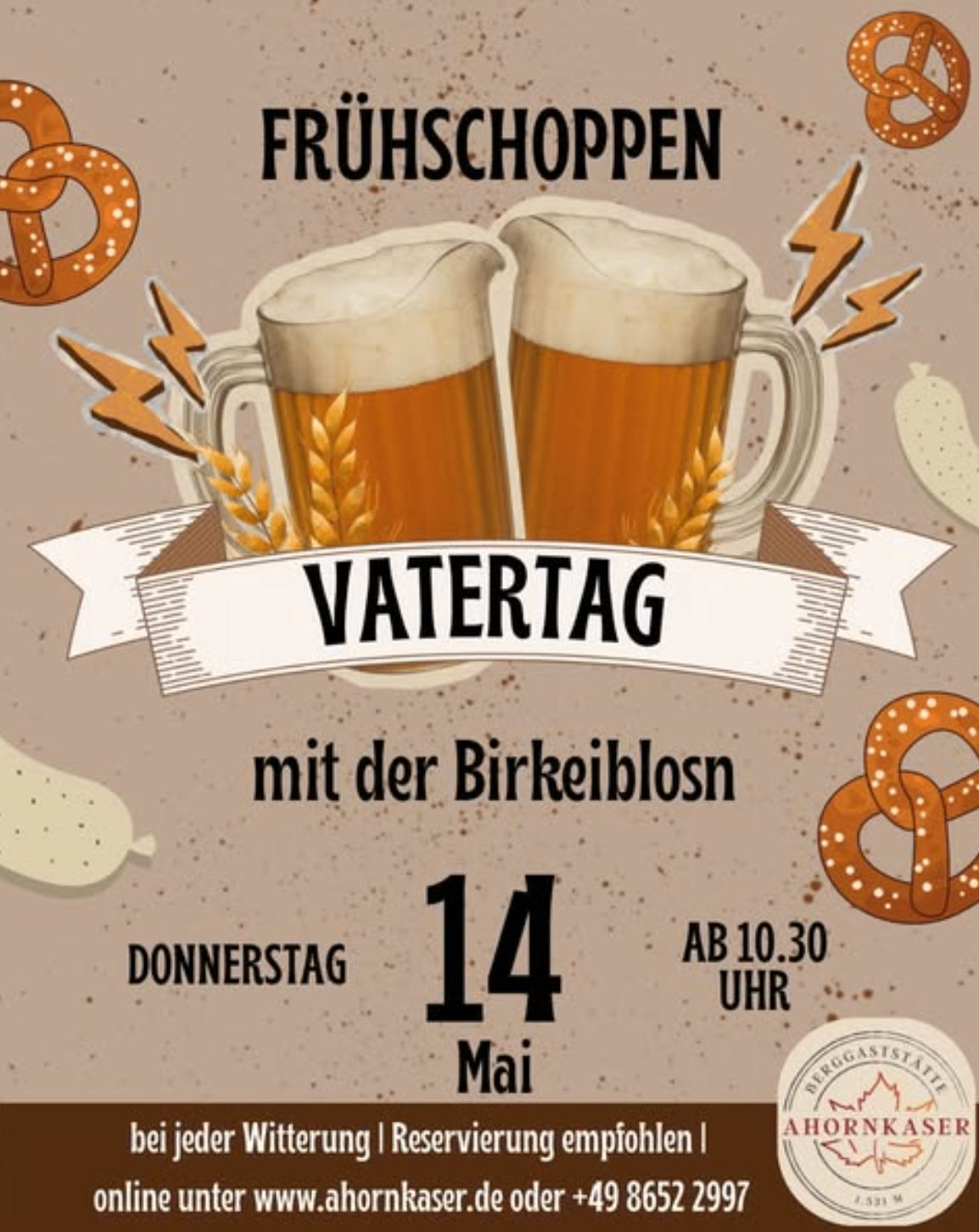 An advertisement for a water day event with two mugs of beer, pretzels, and sausages. Date: Thursday, May 14, starting at 10:30 AM.
