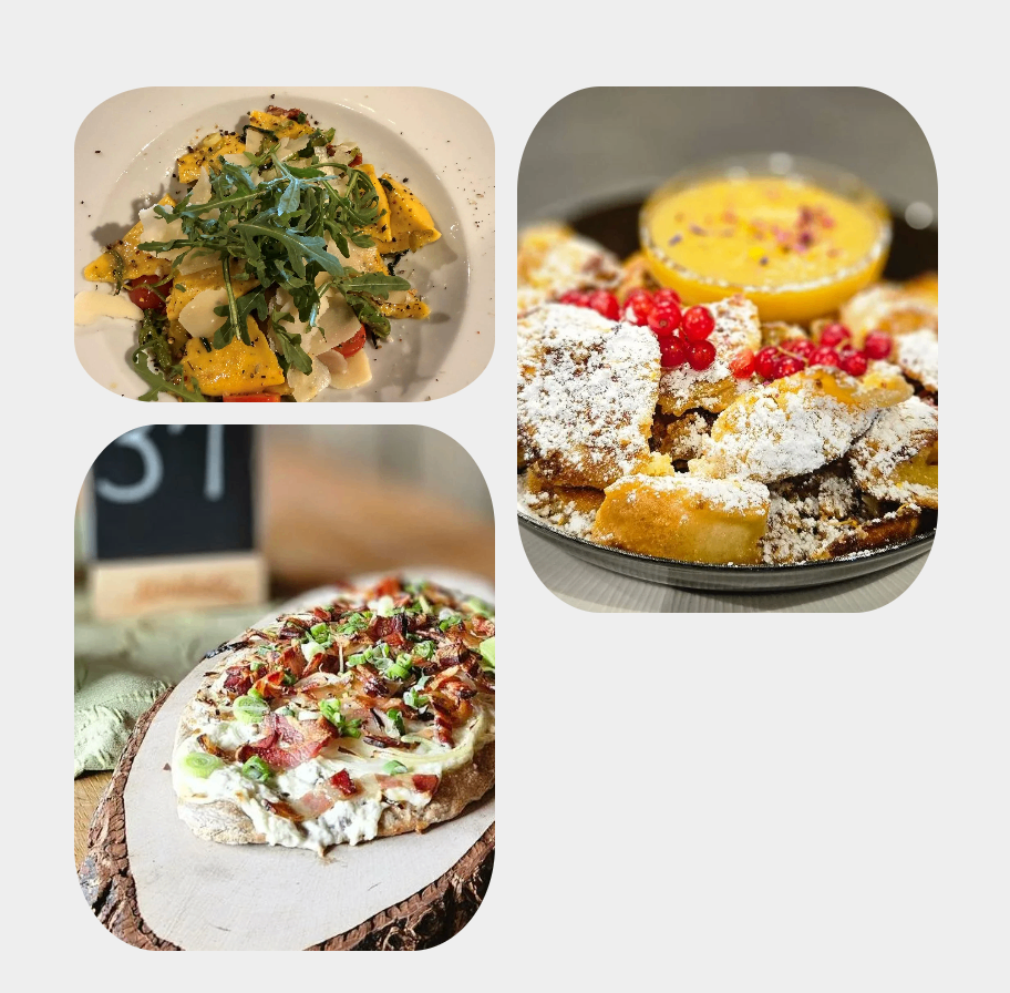 Drei verschiedene Gerichte: Salat, Pizza und frittiertes Essen mit Soße.