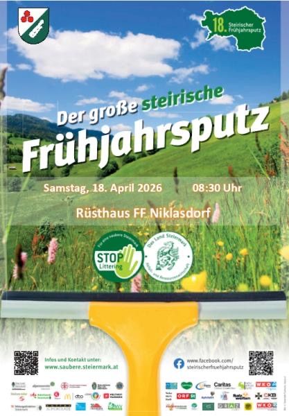 Plakat für die 18. Steirische Frühjahrsputz-Veranstaltung am 18. April 2026. Das Plakat zeigt ein grünes Feld, Blumen und ein gelbes Reinigungswerkzeug. Es enthält ein Logo und Kontaktinformationen.