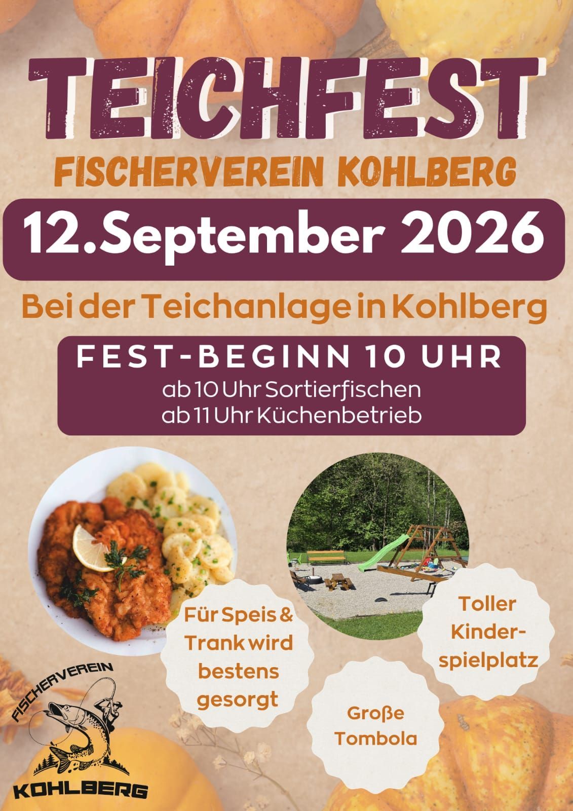 Poster for Fischerverein Kohlberg event on September 12, 2026, featuring food, a playground, and a lake.
