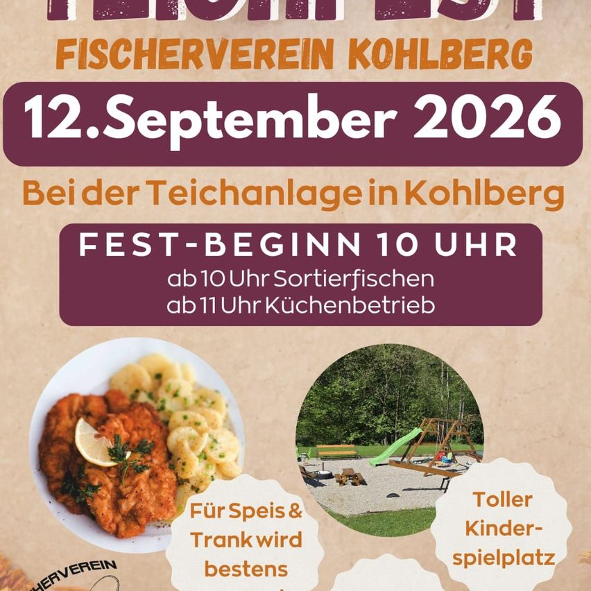 Poster for Fischerverein Kohlberg event on September 12, 2026. It features food, a playground, and a lake. The event starts at 10 AM.