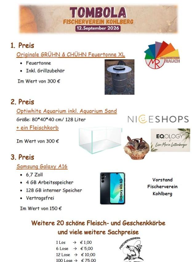 An advertisement for Fischerverein Kohlberg on September 12, 2026, featuring three prize items: a large green and blue fire pit, an aquarium with sand, and a Samsung Galaxy A16 smartphone. Each item has a specified value. Additional items and gift baskets are also available.