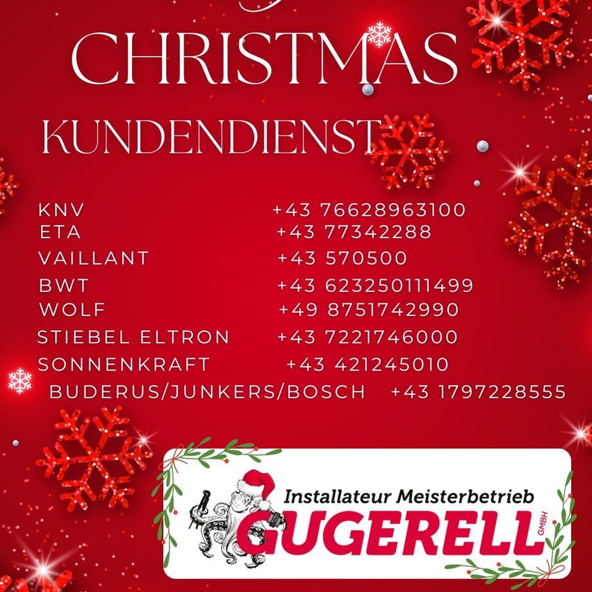 Weihnachtskundendienst-Flyer mit verschiedenen Kontaktdaten der Unternehmen und einem Logo für GUGEREL GMBH, einen Meister-Elektriker.