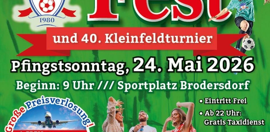 Plakat für das FC Geiger Fest mit einem Fußballspieler, der einen Ball tritt. Die Veranstaltung umfasst einen Flugpreis, einen Wellness-Hotelaufenthalt und eine Outdoor-Grillküche. Eintritt frei, beginnt um 9 Uhr am 24. Mai 2026.