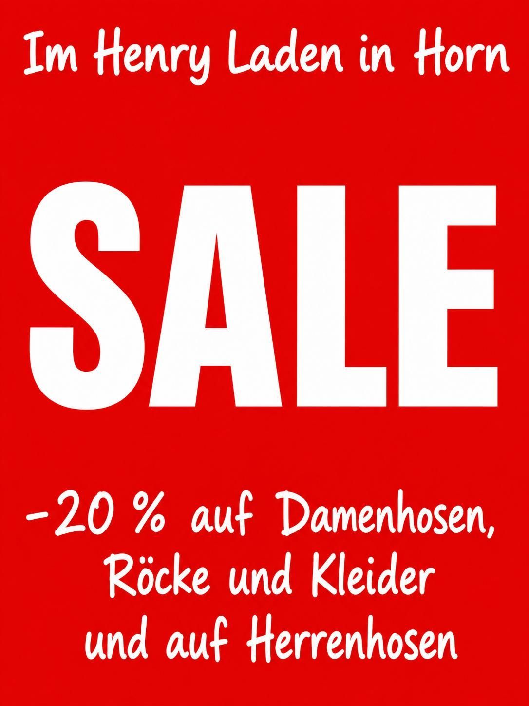 A red poster with white text that reads 'SALE -20% auf Damenhosen, Röcke und Kleider', indicating a sale on women's pants, skirts, and clothes.