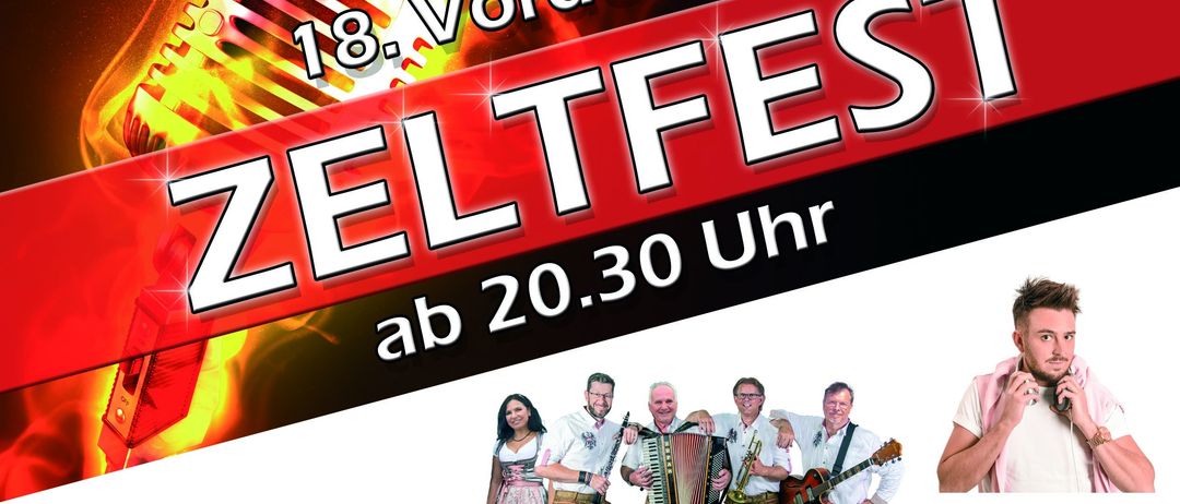 Plakat für das Zeltfest Vordersdorf mit Mikrofon, Akkordeonspielern, einem DJ und einer Band. Die Veranstaltung findet am 14. Juni 2025 um 20:30 Uhr statt.
