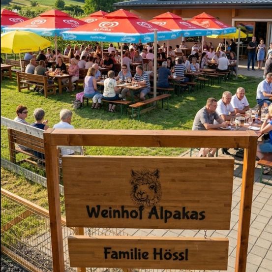 Terrasse mit Tischen und Sonnenschirmen, auf der Menschen Getränke und Essen genießen. Ein Holzschild trägt die Aufschrift 'Weinhof Alpakas Familie Hössl'.