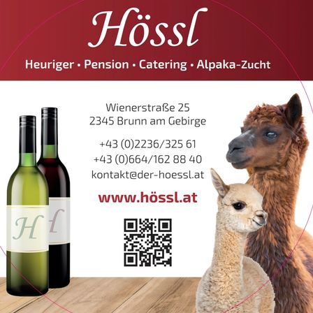 Hoesl bietet Heuriger, Pension, Catering und Alpaka-Zucht. Ansässig in Wienerstraße 25, 2345 Brunn am Gebirge. Kontakt: +43 (0)2236/325 61, +43 (0)664/162 88 40, oder kontakt@der-hoessl.at. Webseite: www.hoessl.at.