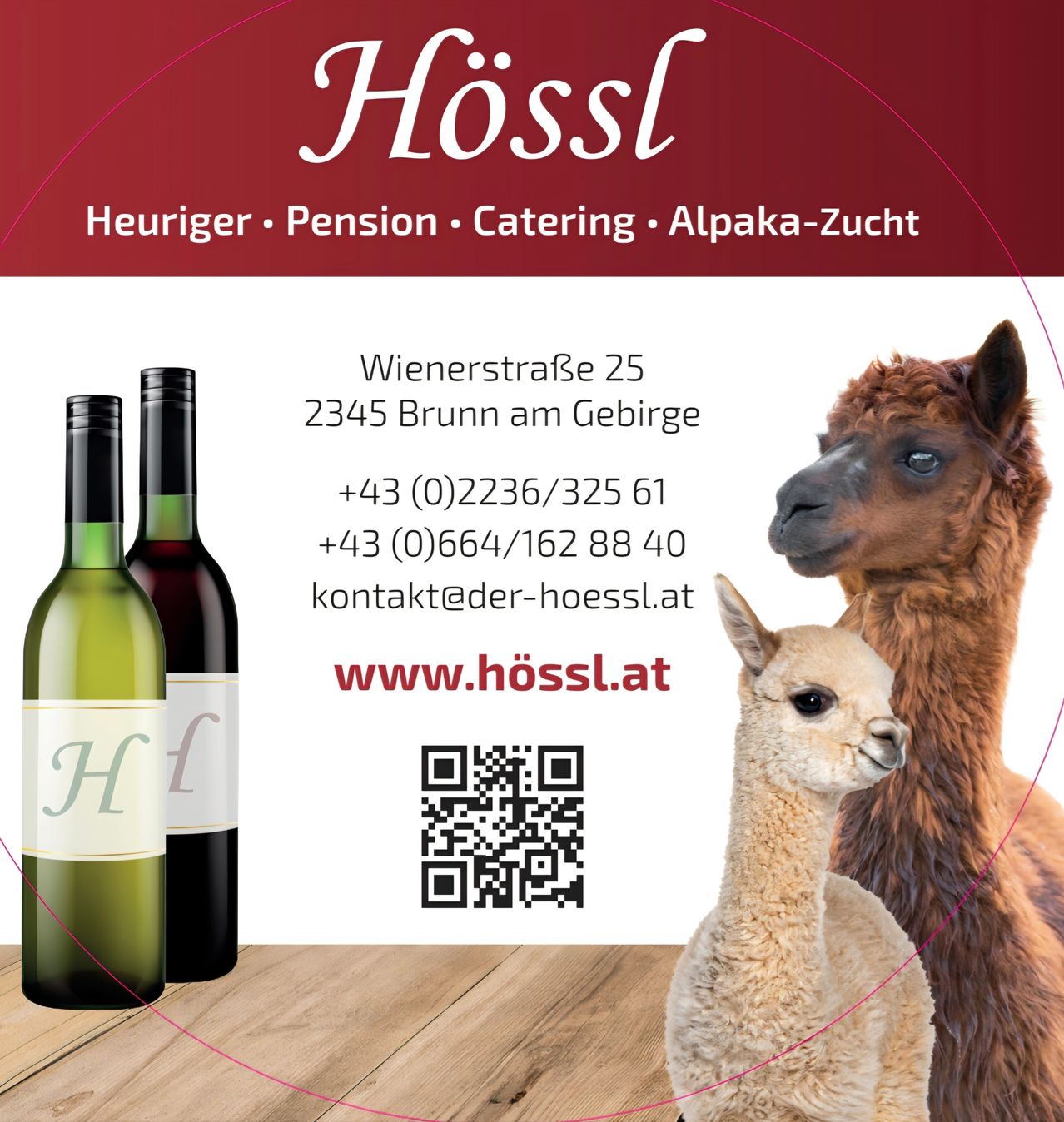Hoesl bietet lokalen Wein, Pensionen, Catering und Alpaka-Zucht an. Adresse: Wienerstraße 25, 2345 Brunn am Gebirge. Kontakt: +43 (0)2236/325 61 oder +43 (0)664/162 88 40. Besuchen Sie www.hoessl.at.