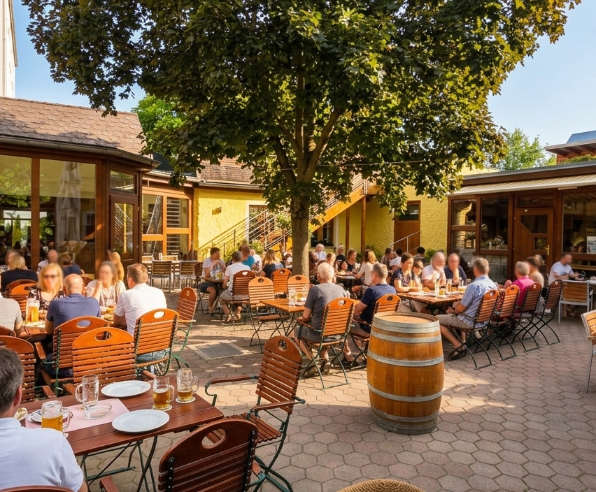 Ein belebtes Außenrestaurant mit Menschen an Holztischen unter einem großen Baum, mit einem Fass und Tellern auf einem Tisch.