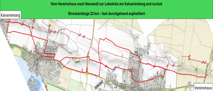 Karte mit einer Route von Neusiedl zum Kalvarienberg, 23 km lang, größtenteils auf asphaltierten Straßen.