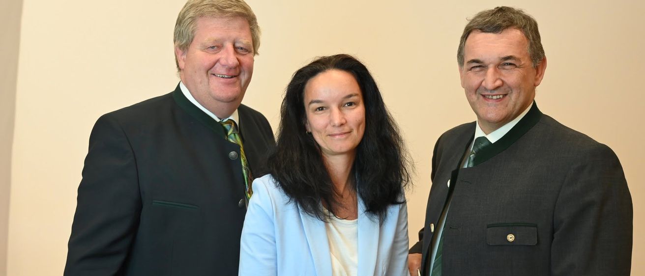 Drei Personen in formeller Kleidung stehen eng beieinander und lächeln für ein Foto. Die Frau in der Mitte trägt einen hellblauen Blazer. Die Männer auf beiden Seiten tragen dunkle Anzüge mit grünen Krawatten.