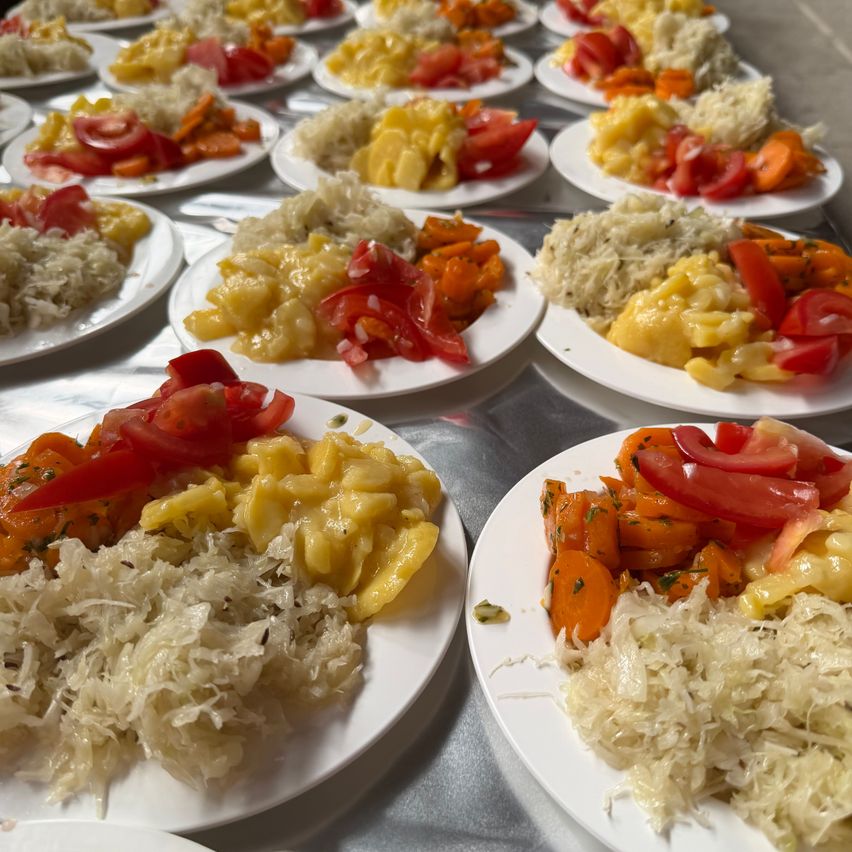 A table filled with multiple plates of food, each containing a mix of sauerkraut, yellow cheese, and red tomatoes.