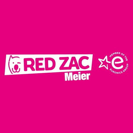 Das Bild zeigt das RED ZAC Meier Logo mit einem comicartigen Bären und dem Text RED ZAC Meier, sowie das Logo der EURONICS Gruppe auf einem rosa Hintergrund.