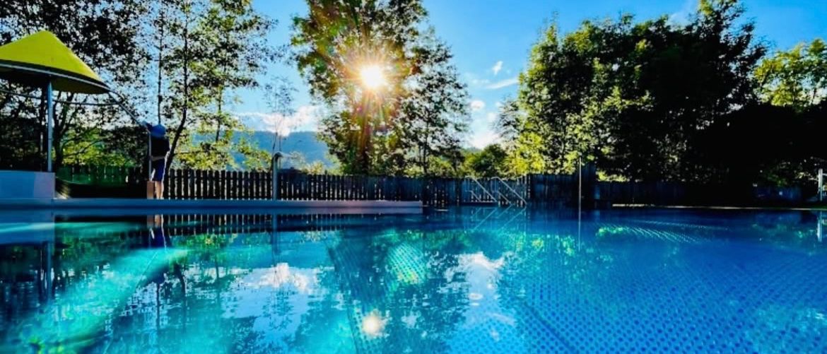 Ein ruhiger Pool umgeben von üppigen Bäumen, mit der Sonne, die hell über ihm scheint und sich im klaren Wasser und Zaun spiegelt.