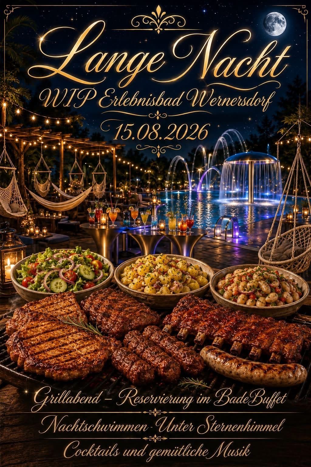 A night event at Wernersdorf with a pool, a fountain, and a barbecue with various meats and sides.