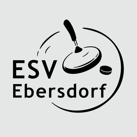 Das Esv Ebersdorf Logo zeigt einen Curlingstein mit einem Curling-Bürsten, mit dem Text Esv Ebersdorf darunter in Fettschrift geschrieben.