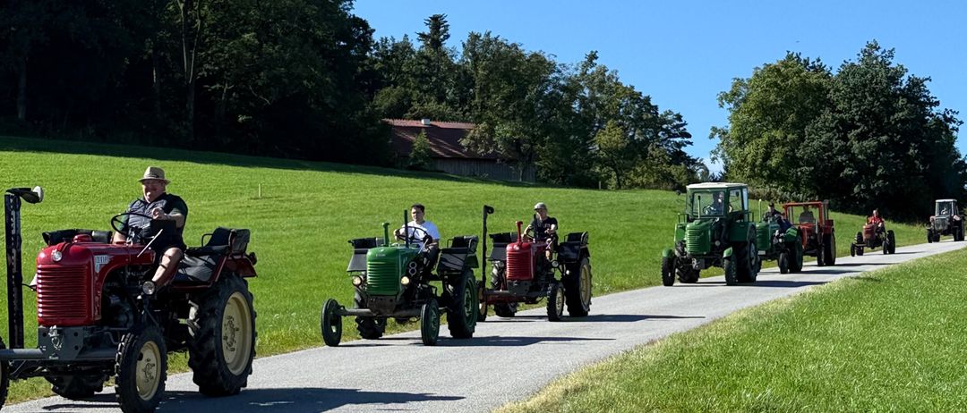 Mehrere Personen fahren mit alten Traktoren auf einer asphaltierten Straße durch ein saftiges grünes Feld unter einem klaren blauen Himmel.