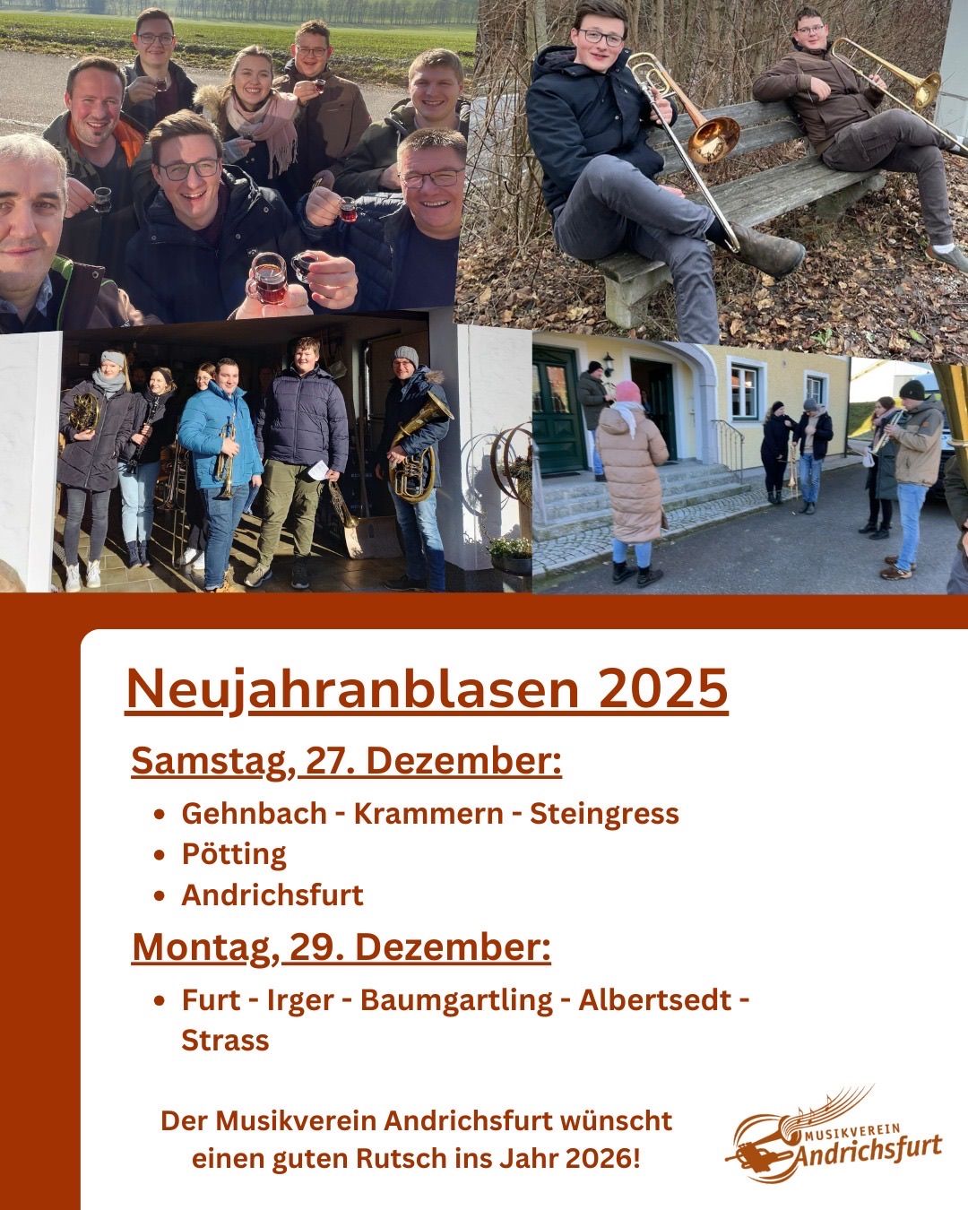 Eine Collage von Bildern, die Musiker beim Halten von Instrumenten und vor einem Gebäude zeigt, wobei einige Posaunen spielen. Der Text lautet 'Neujahrsanblasen 2025' und listet Orte für Samstag, den 27. Dezember, und Montag, den 29. Dezember auf.