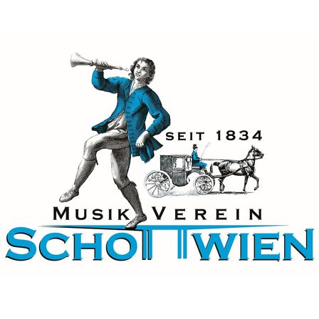 Logo für den Schott Wien Musikverein, gegründet 1834, mit einem Mann, der eine Trompete bläst, und einer Kutsche mit Pferd.