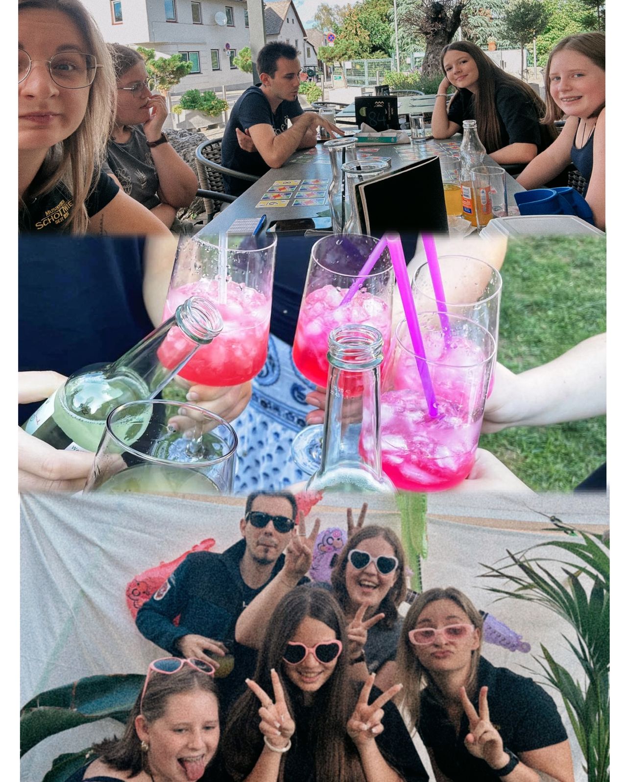 A group of friends enjoying drinks at an outdoor table, with some holding glasses and others posing for a photo.