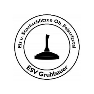 Ein kreisförmiges Logo mit einem stilisierten Objekt und dem Text 'Eis u. Stockschutzen Ob. Feistrittal ESV Grubbauer' darum herum, in Schwarz-Weiß-Farbgebung.