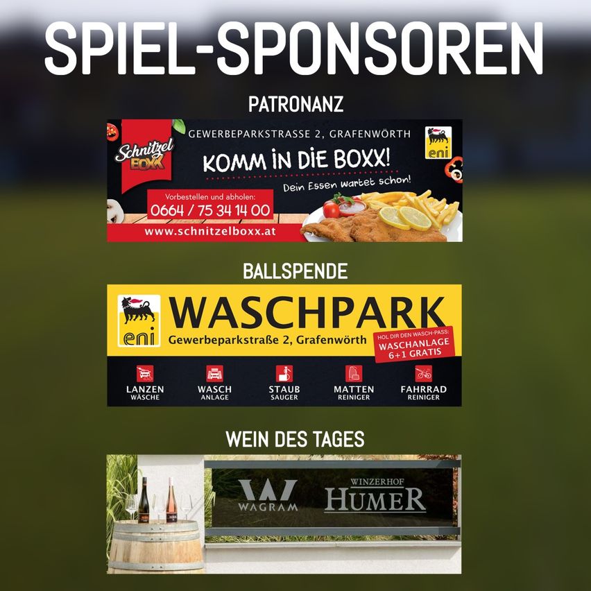 Eine Werbung für Spielsponsoren und Ballverlosungen. Es zeigt drei verschiedene Banner. Das erste Banner zeigt ein Essensangebot mit Telefonnummer und Website. Das zweite Banner ist für einen Waschpark mit verschiedenen Dienstleistungen. Das dritte Banner ist für einen Weinladen.