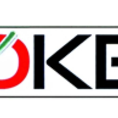 Ein weißes Etikett mit rotem, grünem und schwarzem Text. Der Text lautet 'OK' mit einem roten Kreis um den Buchstaben 'O'.