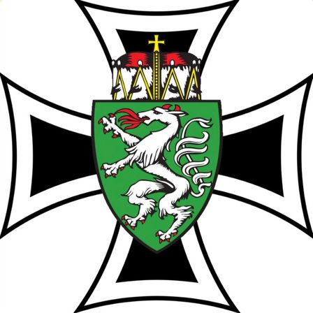 Ein schwarzes Kreuz auf weißem Hintergrund umschließt einen grünen Schild mit einem weißen Löwen, der eine rote Flagge hält. Der Löwe hat eine rote Zunge und Krallen. Über dem Schild befindet sich eine Krone mit einem Kreuz oben.