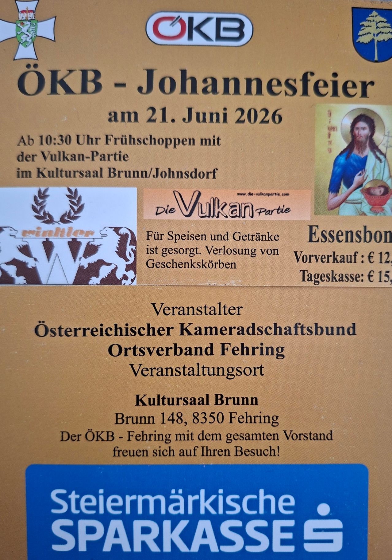 An event with Johannmesfeier theme on 21st June 2026. Begins at 10:30 with the Vulkan Party in Kultursaal Brunn/Johnsdorf. Food and drinks provided. Pre-sale tickets for €12. On-site tickets €15.