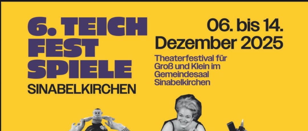 Ein Poster bewirbt 'SPIELE SINABELKIRCHEN' mit mehreren Bildern von Frauen, eine bläst eine Trompete, eine andere hält eine Lupe und eine Frau raucht eine Zigarette.