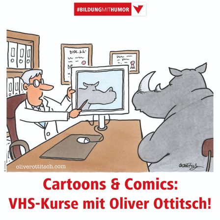 Eine Karikatur, die einen Arzt zeigt, der einen Nashorn auf einem Computerbildschirm untersucht. Das Nashorn schaut den Arzt an, der einen Stift in der Hand hält. Das Bild enthält die Website 'oliverottitsch.com'.