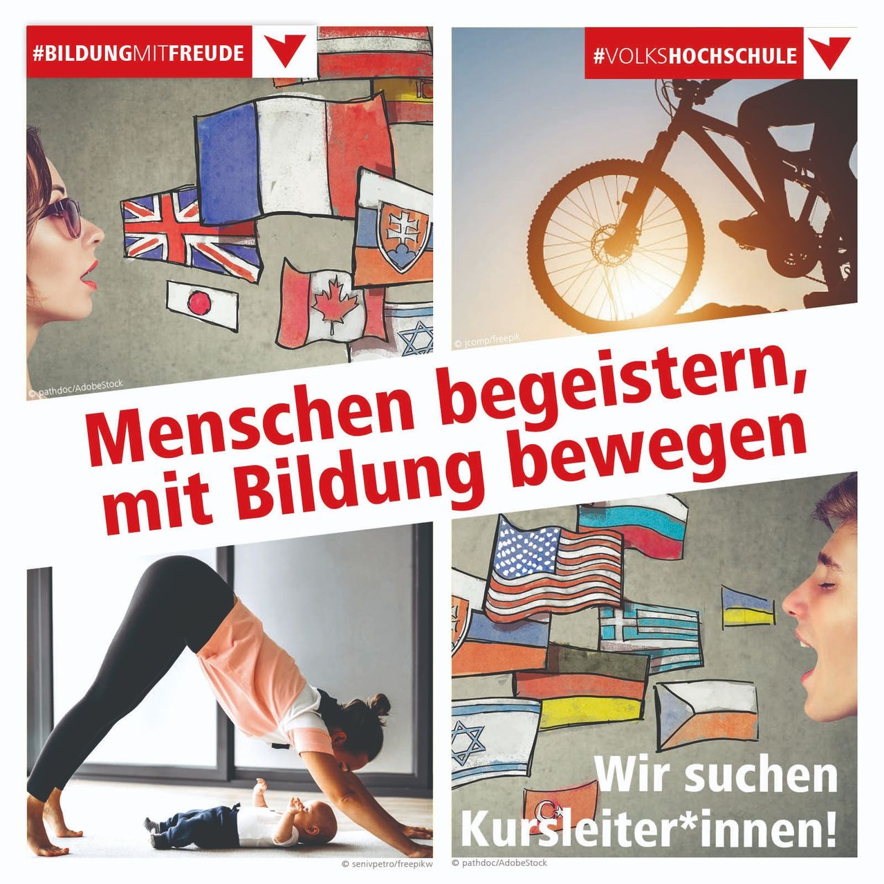 Vier Panels mit Illustrationen und Texten über Bildung. Oben links: Eine Frau spricht in ein Megaphon mit Fahnen dahinter. Oben rechts: Eine Person fährt Fahrrad. Unten links: Eine Frau macht Yoga mit einem Baby. Unten rechts: Ein Mann schreit in ein Megaphon mit Fahnen dahinter.