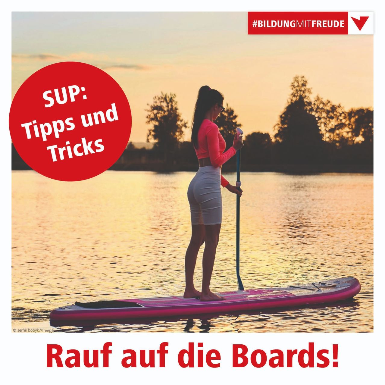 Eine Frau steht auf einem rosafarbenen Paddelboard im Wasser, mit einem roten Kreis über ihr, der 'SUP: Tipps und Tricks' besagt. Im Hintergrund ist ein Sonnenuntergang über dem Wasser zu sehen. Der Hashtag #BILDUNGMITFREUDE ist oben angezeigt.