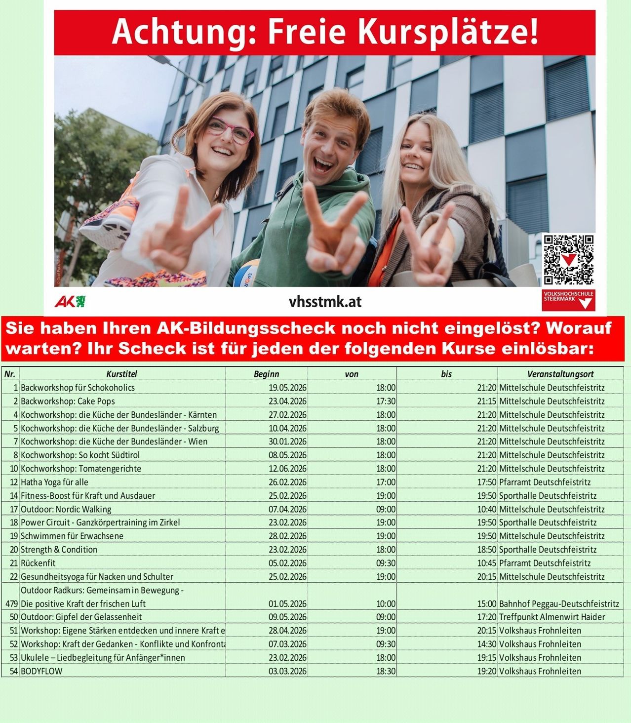 Poster advertising various courses with three smiling individuals in the foreground. A table lists course details including dates, start and end times, and locations. A QR code is visible at the bottom right.