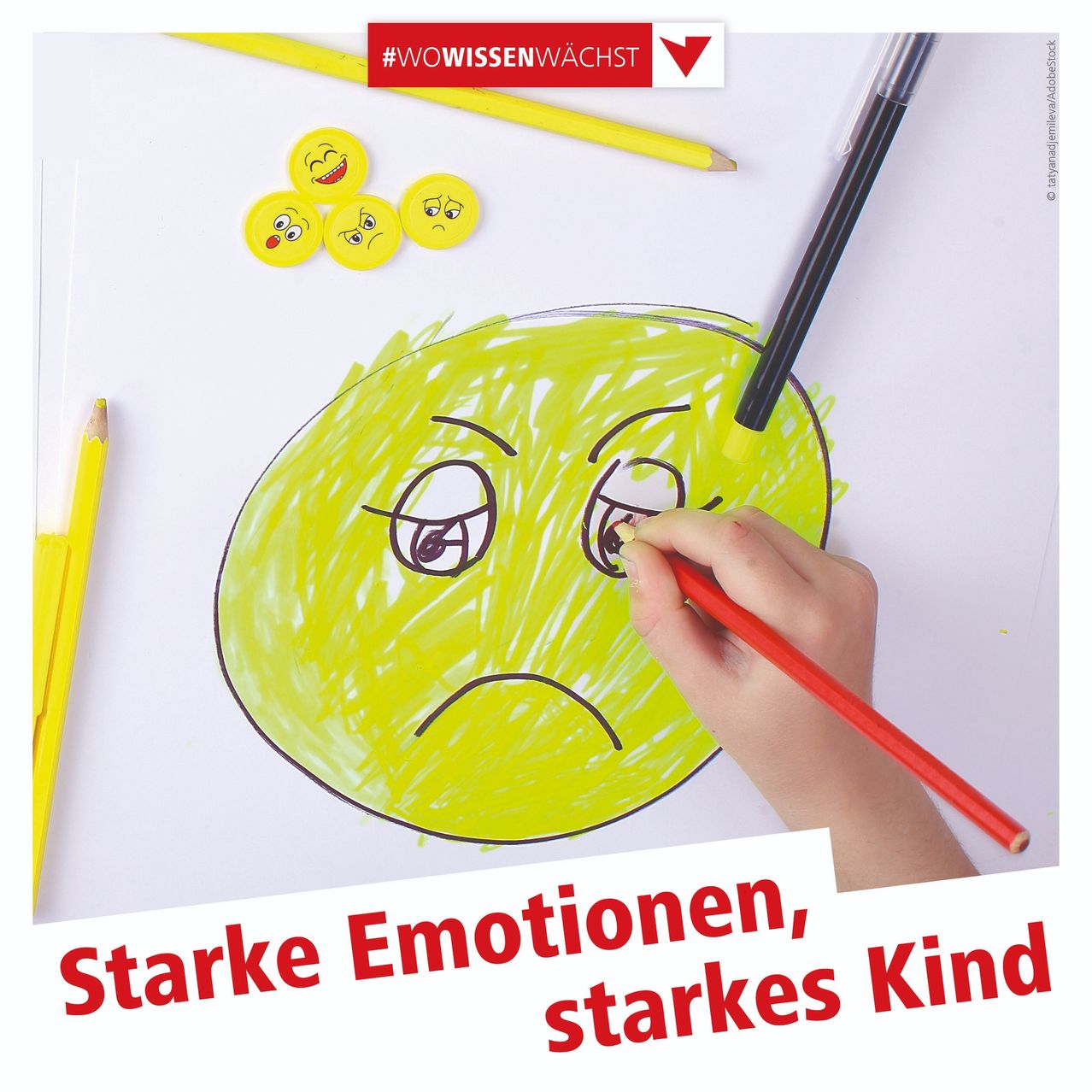 An image shows a child's hand drawing a sad face on a yellow paper with pencils and crayons. The paper has the text 'Starke Emotionen, starkes Kind' in red.