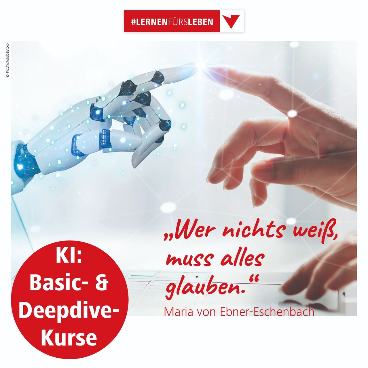 Ein Bild mit einem Zitat von Maria von Ebner-Eschenbach: 'Wer nichts weiß, muss alles glauben.' Es zeigt eine Roboterhand und eine menschliche Hand. Darunter steht 'KI: Basic & Deepdive-Kurse.'