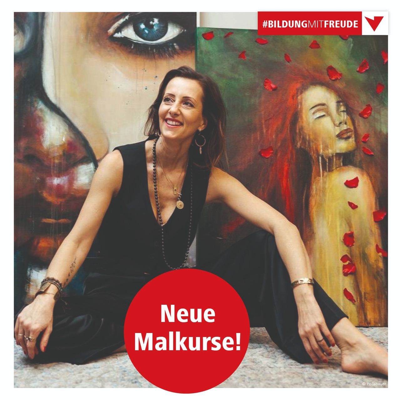 A smiling woman sits in front of a large painting, wearing a black outfit and a necklace. The painting features a woman with red hair and red petals. Hashtag #BILDUNGMITFREUDE is visible in the top right corner.