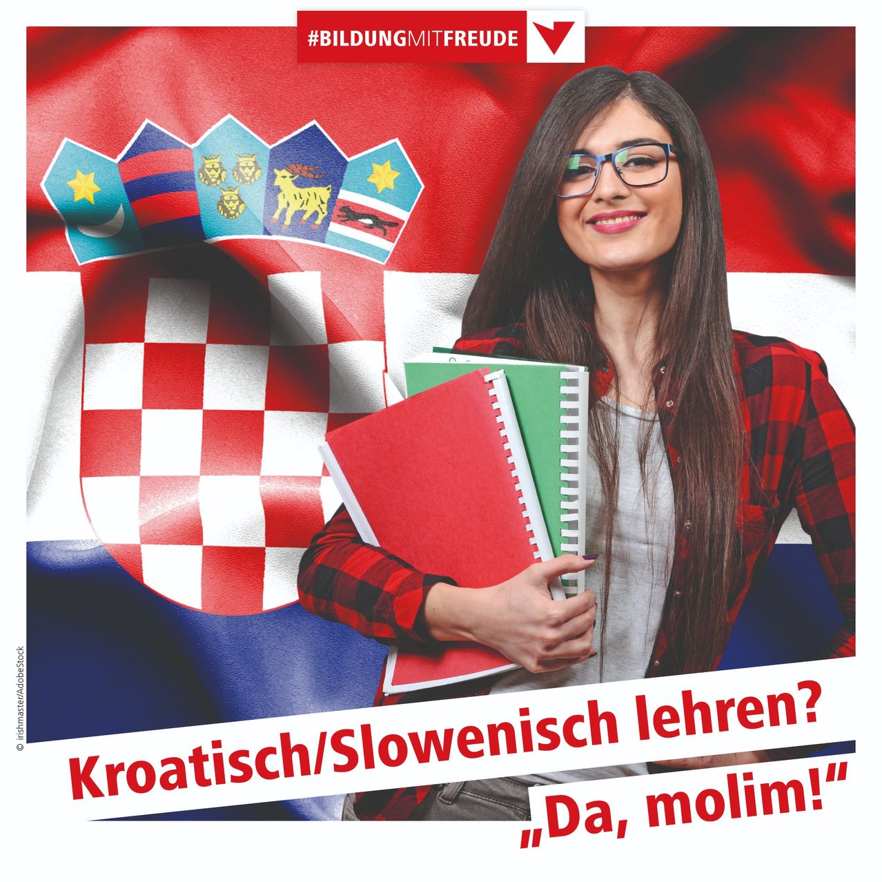 A smiling woman holds books and stands in front of a Croatian flag, advertising language learning with the slogan 'Learn Croatian/Slovene? Yes, we can!'.