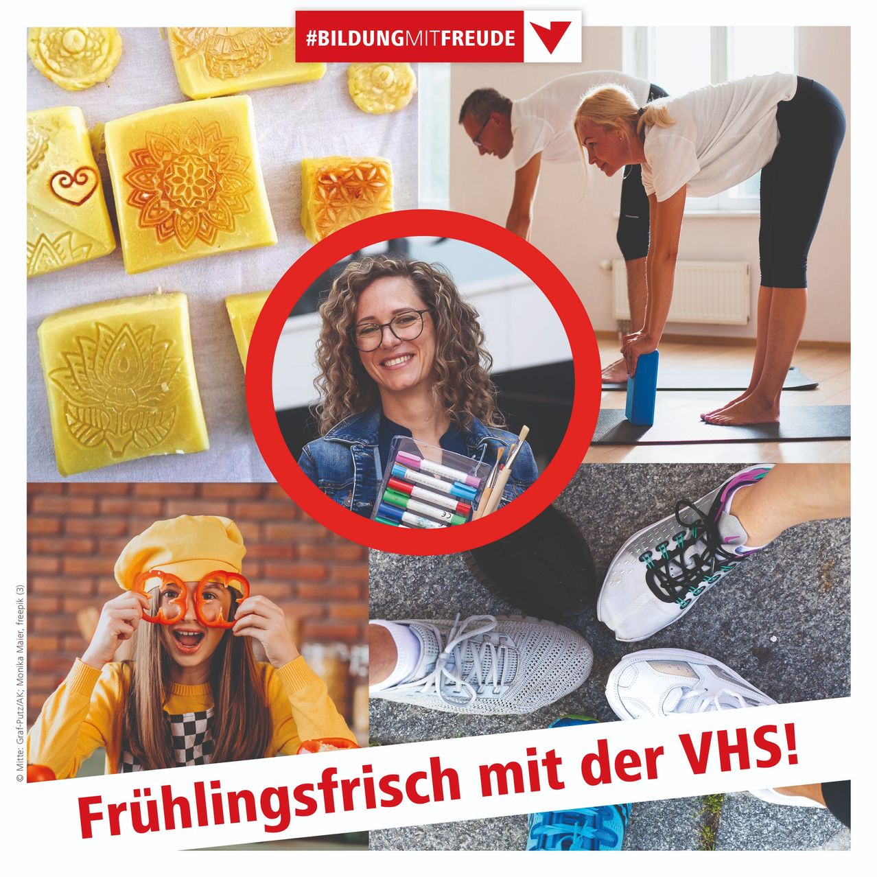 A collage of images with a smiling woman, yoga practitioners, yellow candles, and sneakers. The text reads 'Fröhlingsfrisch mit der VHS!' in bold letters. The collage highlights activities like yoga, crafting, and fitness.