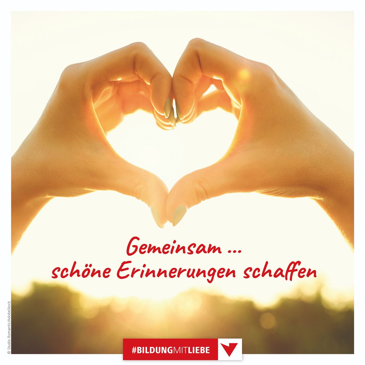 Two hands forming a heart shape with the text 'Gemeinsam ... schone Erinnerungen schaffen'. A watermark reads '#BILDUNGMITLIEBE'.